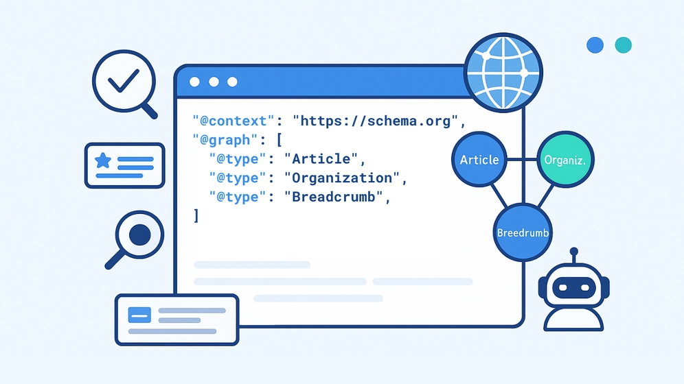 Illustration JSON-LD avec @graph reliant Article, Organization et Breadcrumb pour le SEO