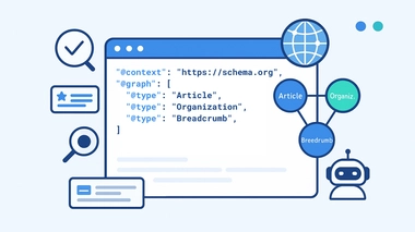 Illustration JSON-LD avec @graph reliant Article, Organization et Breadcrumb pour le SEO