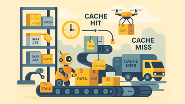Illustration d’un entrepôt futuriste avec robots, drones et étagères “fresh” ou “stale” représentant le système de cache