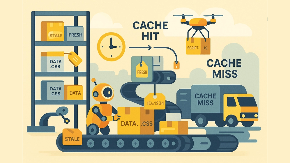 Illustration d’un entrepôt futuriste avec robots, drones et étagères “fresh” ou “stale” représentant le système de cache