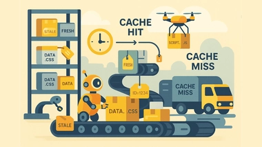 Illustration d’un entrepôt futuriste avec robots, drones et étagères “fresh” ou “stale” représentant le système de cache