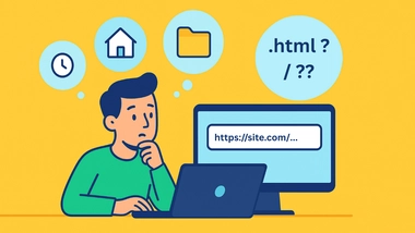 Développeur devant son ordinateur avec des bulles de pensée illustrant différents formats d’URL