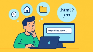Développeur devant son ordinateur avec des bulles de pensée illustrant différents formats d’URL
