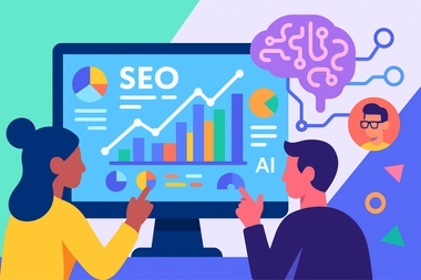 Illustration montrant deux personnes devant un écran d'ordinateur avec des graphiques SEO, un cerveau numérique symbolisant l'IA et des icônes d'influenceurs digitaux