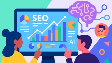 Illustration montrant deux personnes devant un écran d'ordinateur avec des graphiques SEO, un cerveau numérique symbolisant l'IA et des icônes d'influenceurs digitaux