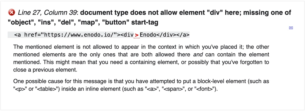Erreur générée lors de l’utilisation d’un élément block dans un élément inline pour une page XHTML 1.0